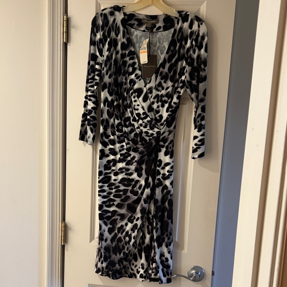 Tommy Bahama Black & White Animal Print Long Sleeve Wrap Dress